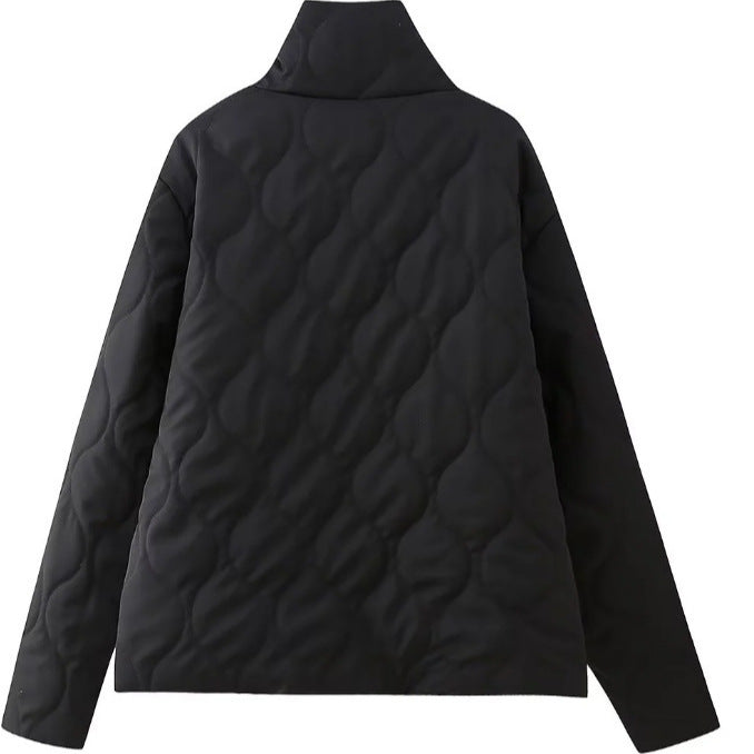 Women’s quilted jacket with stand-up collar and contrasting ruffled pockets