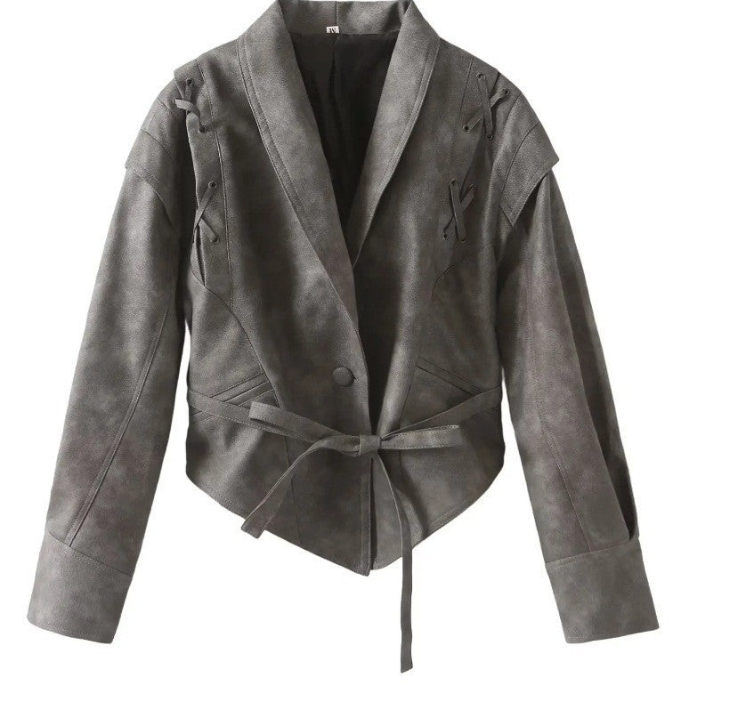 Ladies short jacket made of suede look with wrap belt, shawl collar and lacing detail