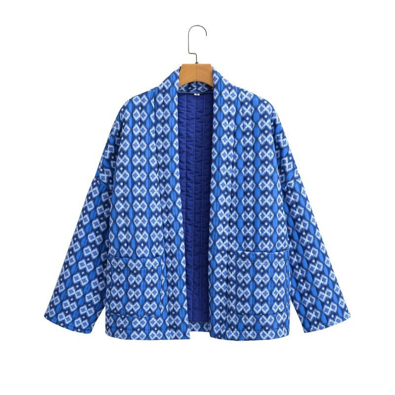 Women Patterned Quilted Kimono Jacket with Patch Pockets