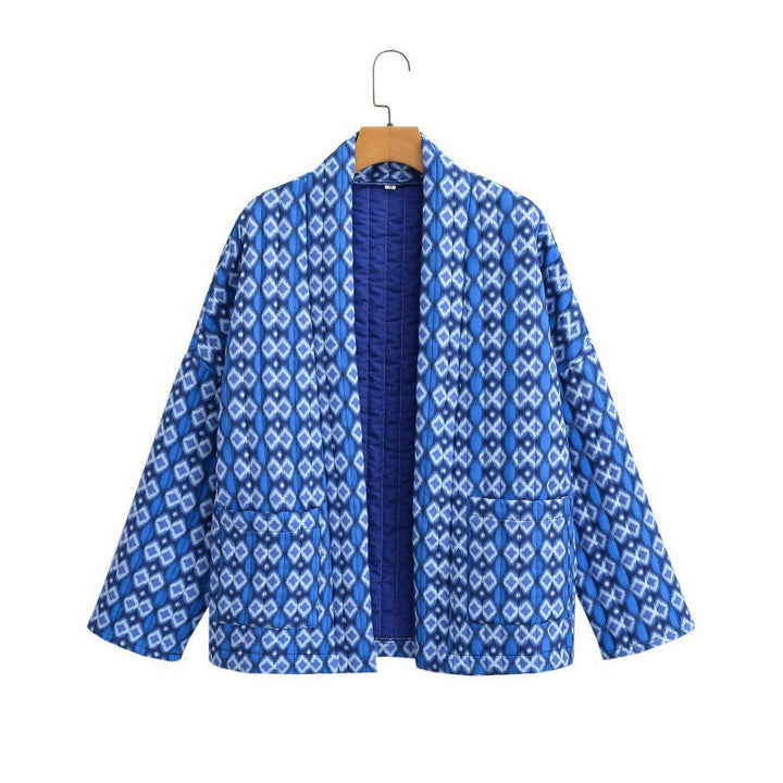 Women Patterned Quilted Kimono Jacket with Patch Pockets