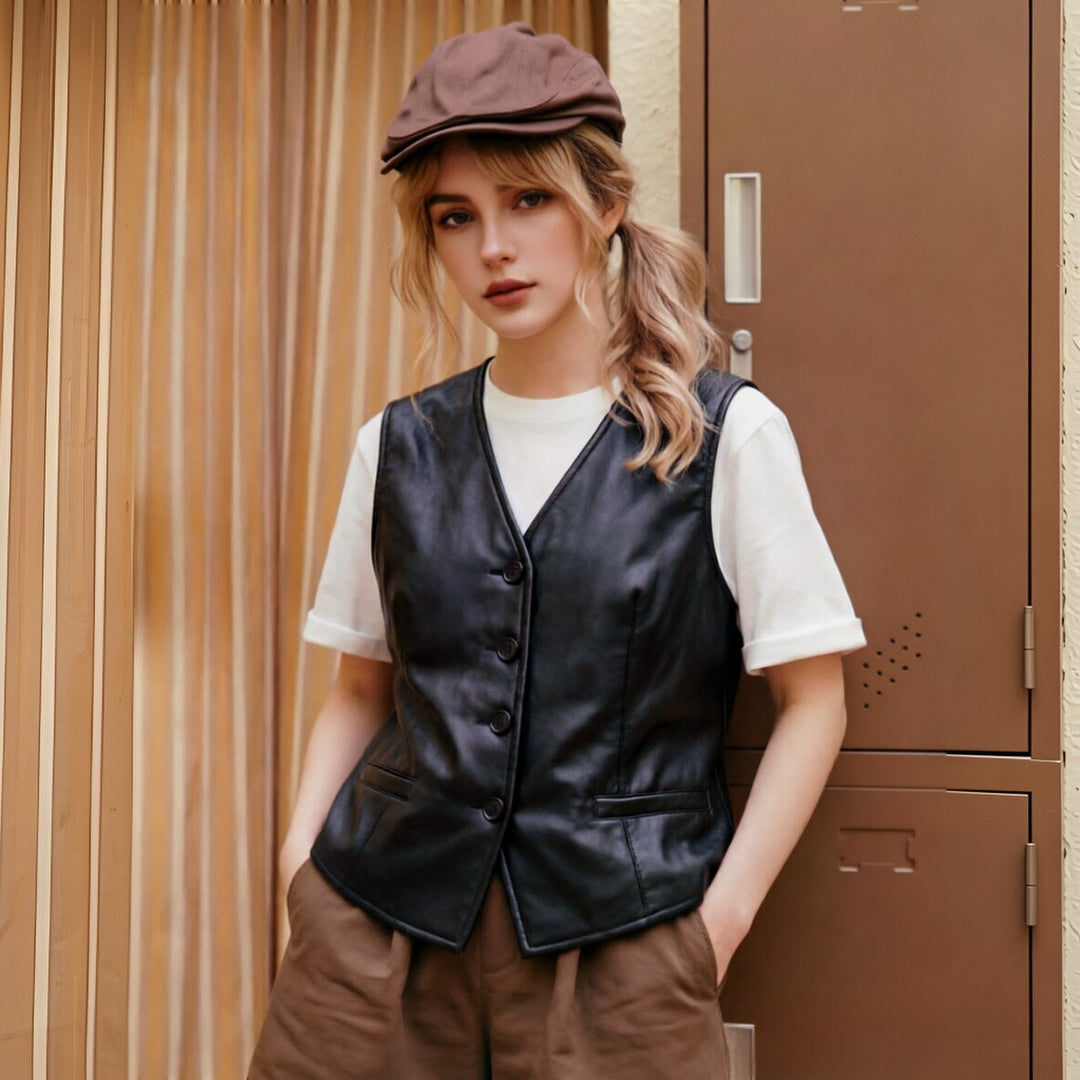 Women Tailored Leather Vest with V-Neck and Button Placket