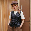 Women Tailored Leather Vest with V-Neck and Button Placket