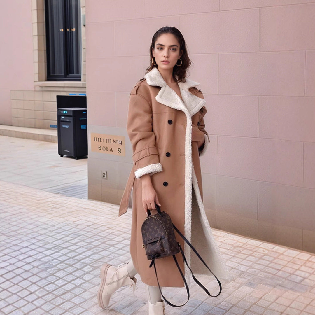 Women Long Trench Coat with Teddy Lining and Tailored Silhouette