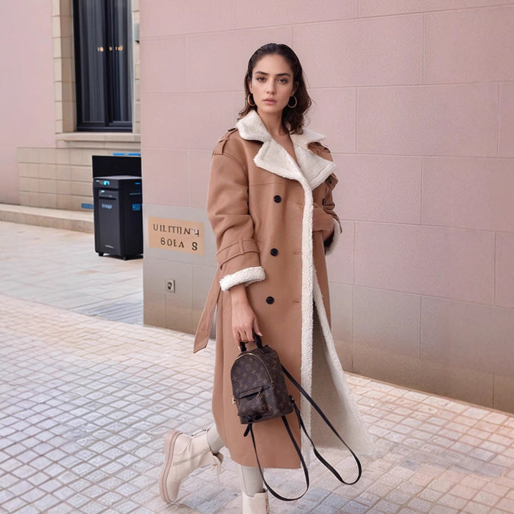 Women Long Trench Coat with Teddy Lining and Tailored Silhouette