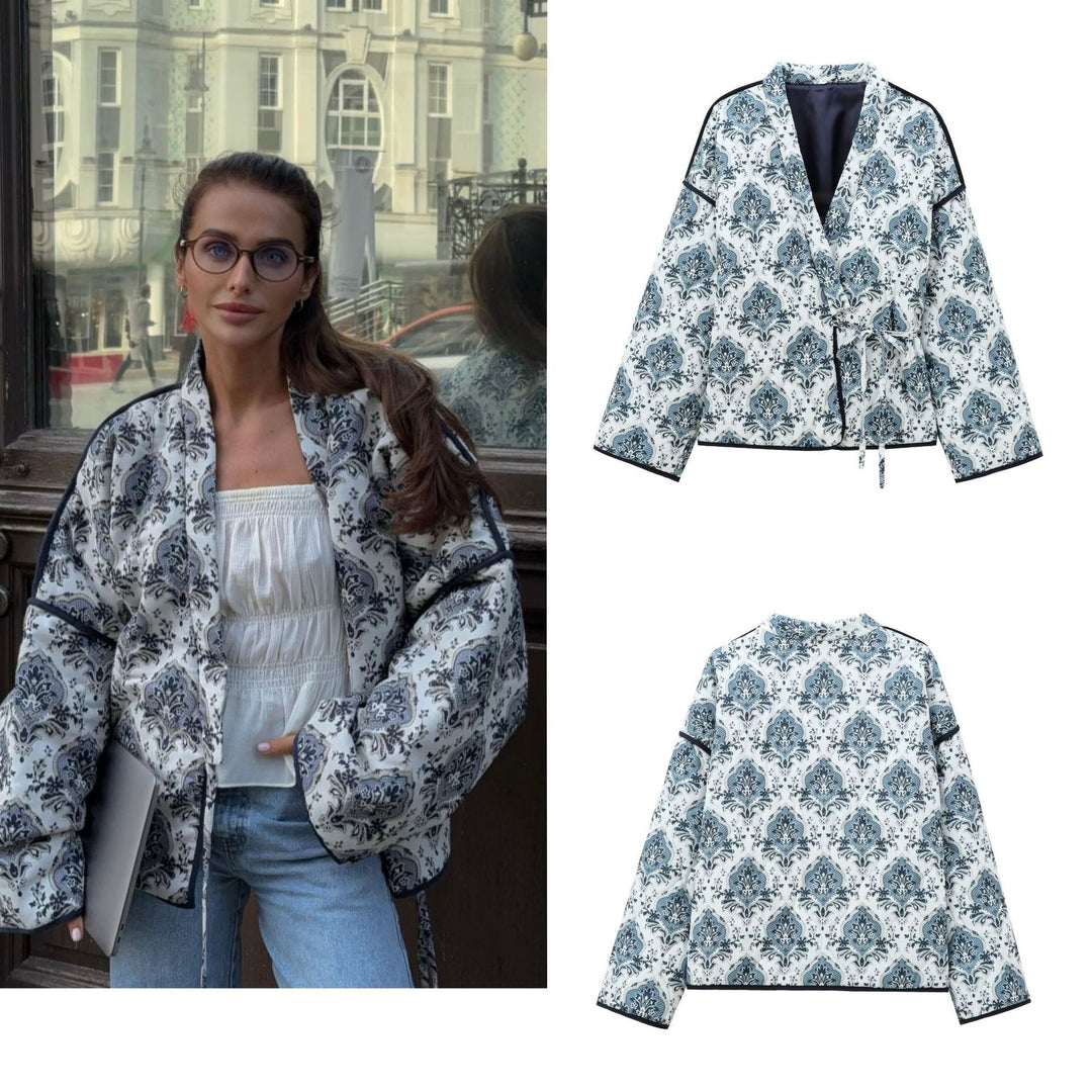 Women padded kimono jacket with waist belt and ornamental print