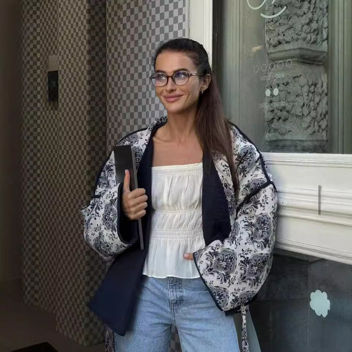 Women padded kimono jacket with waist belt and ornamental print
