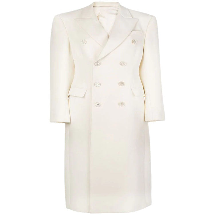 Women Slim fit double-breasted wool blend long coat with distinctive shoulder