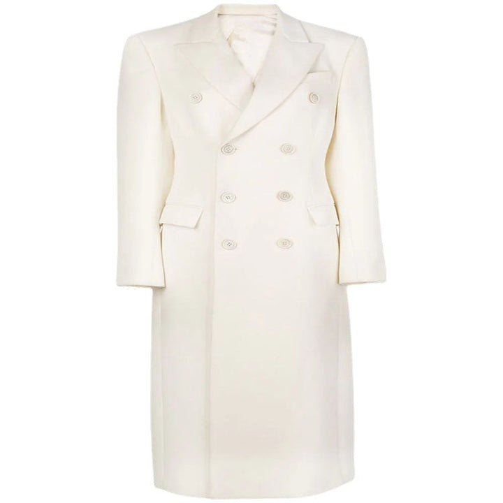 Women Slim fit double-breasted wool blend long coat with distinctive shoulder
