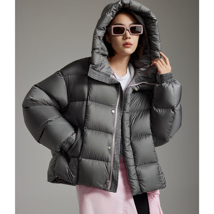 Ladies Short Boxy Quilted Jacket with Oversized Sleeves, High Thermal Collar and Hood