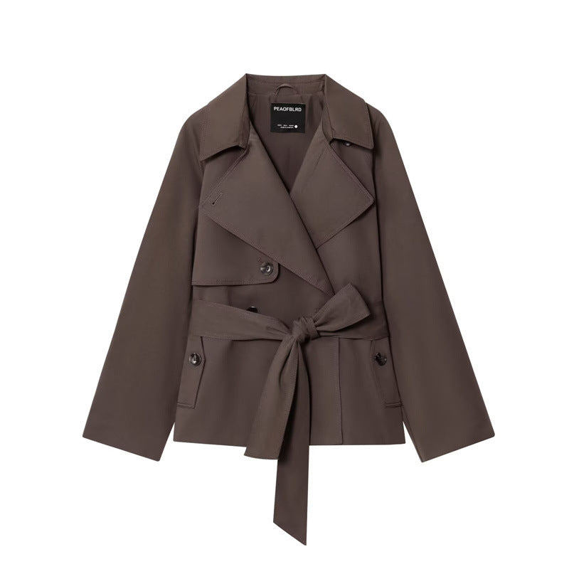 Ladies Cropped Trench Coat with Shawl Collar, Tie Belt and Flap Pockets