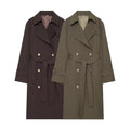Women's long double-breasted trench coat with tie belt and raglan sleeves
