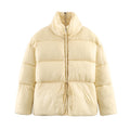 Women's Padded Short Jacket with Drawstring Waist and High Stand-Up Collar