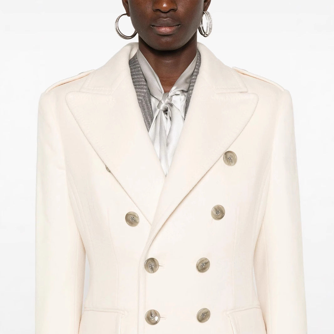 Women Long Double-Breasted Coat made of Wool Blend with High Stand-up Collar and Flap Pockets