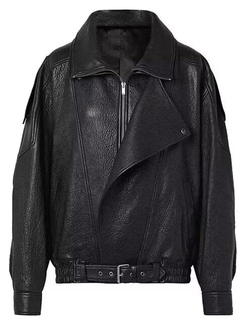 Ladies Oversize Faux Leather Biker Jacket with Asymmetrical Zip, Belt and Elastic Waist