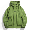 Men's nano wind and water-repellent hooded jacket with ergonomic seams, adjustable hem, and secure zippered pockets
