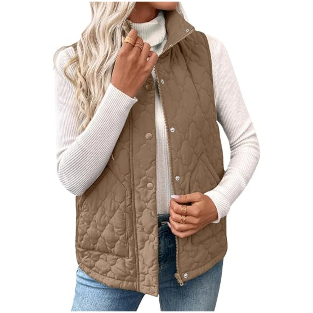 Women’s quilted vest with high standing collar, double closure and curved hem