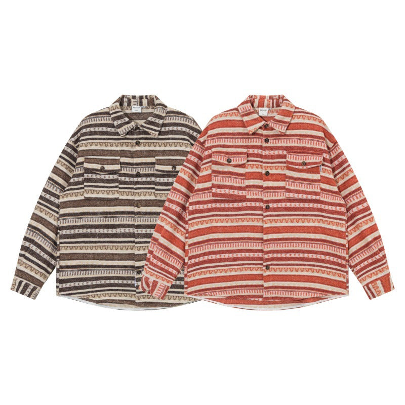 Unisex Oversize Knit Shirt Jacket in Ethnic Stripe Pattern with Flap Pockets