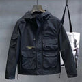 Men's utility jacket outdoor with hood, multiple pocket front and adjustable hem