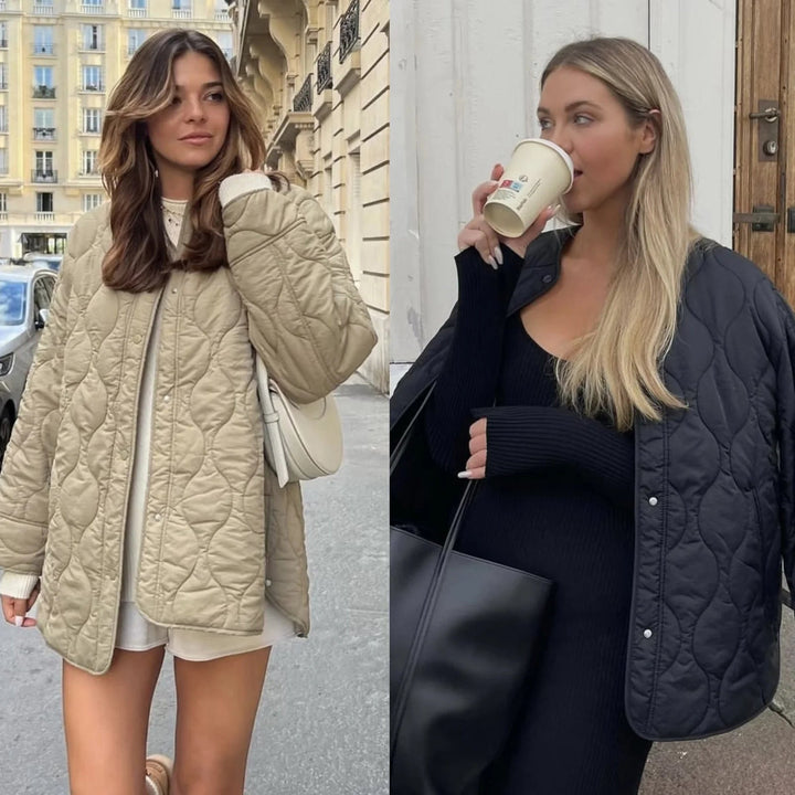 Women’s Longline Padded Jacket with Oversized Silhouette and Snap Button Closure