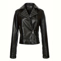 Women's Asymmetrical Biker Jacket made of Faux Leather with Studded Lapel and Quilted Arm Zone