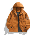 Men's breathable utility hoodie jacket with concealed zip, multi pockets, and adjustable sleeve cuffs