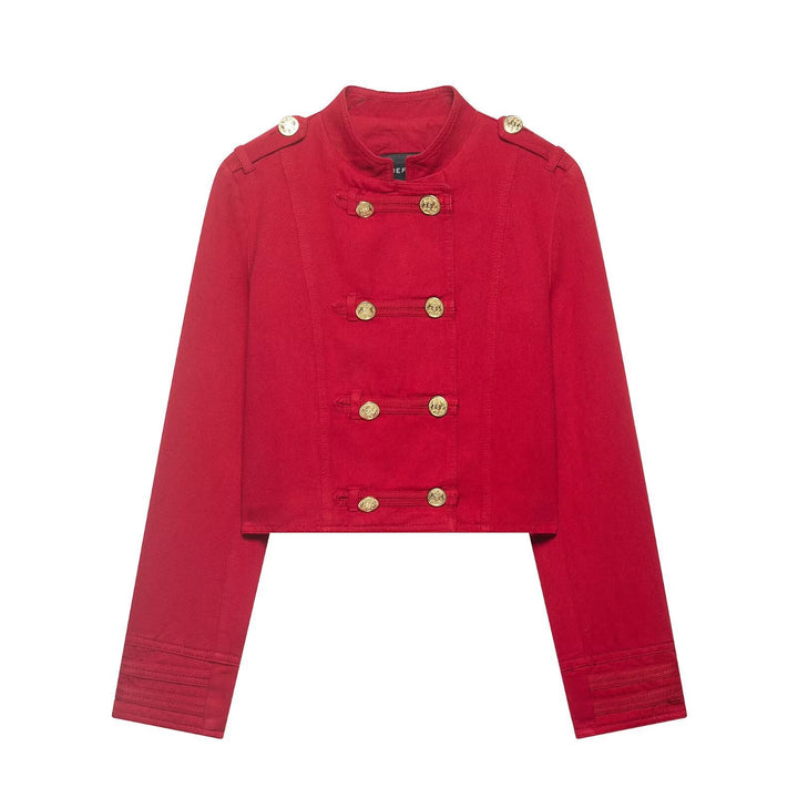 Women Cropped Military Jacket in Sailor Style with Golden Decorative Straps and Stand-Up Collar