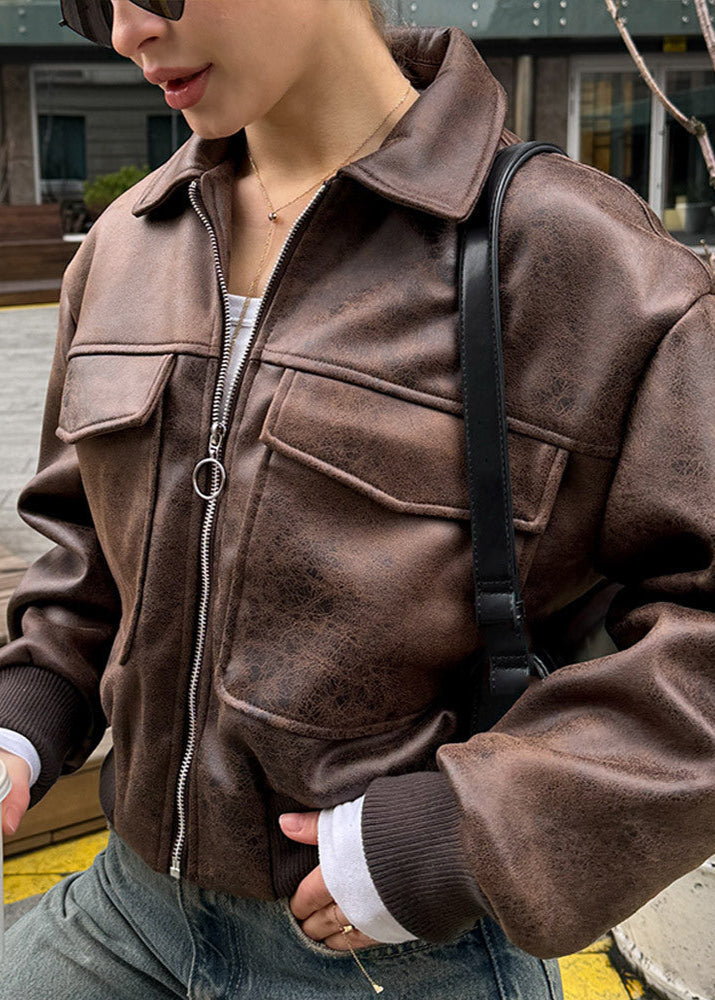 Distressed faux leather zip jacket