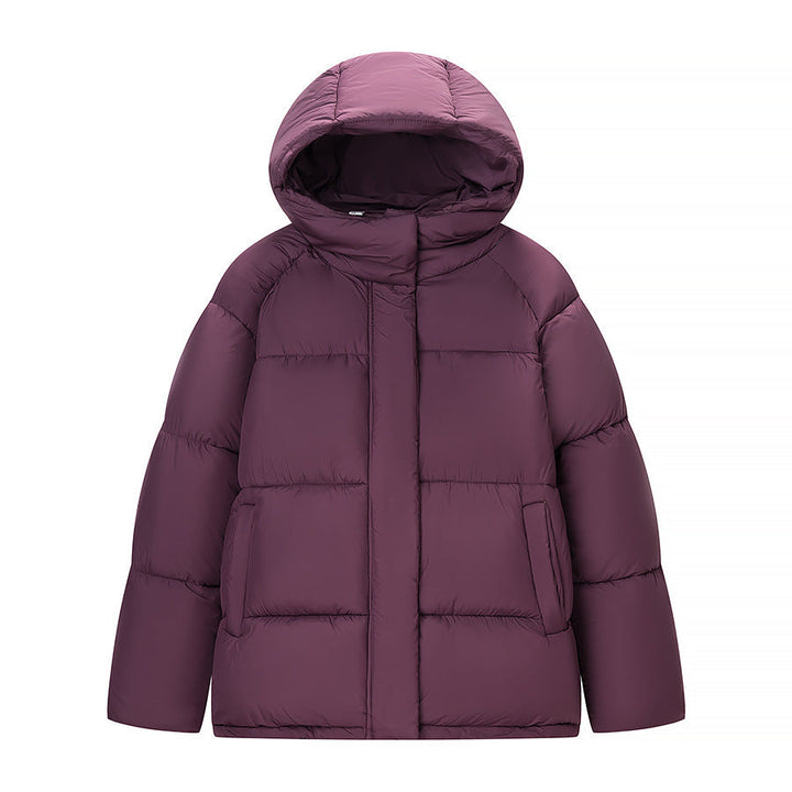 Ladies short padded oversized quilted jacket with high standing collar and hood