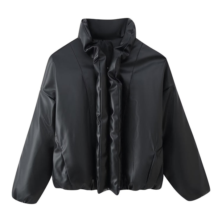 Women Oversized Faux Leather Blouson with Voluminous Stand Collar and Elastic Hem