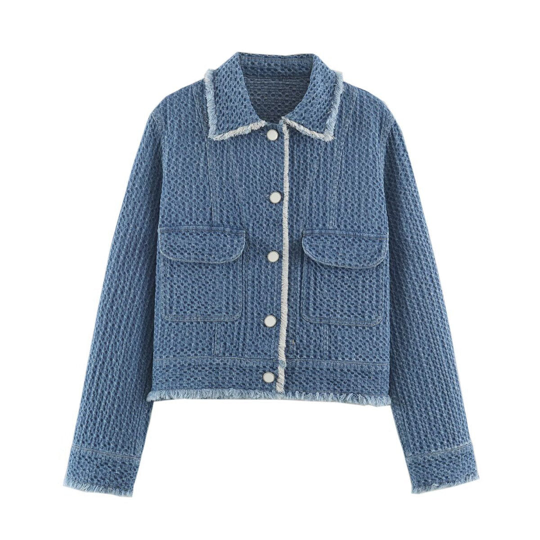 Ladies Cropped Boxy Denim Jacket with Waffle Texture, Patch Pockets and Fringe Trim
