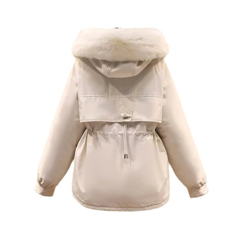 Ladies nano thermo parka with hood, voluminous faux fur collar, drawstring waist and multifunctional pockets
