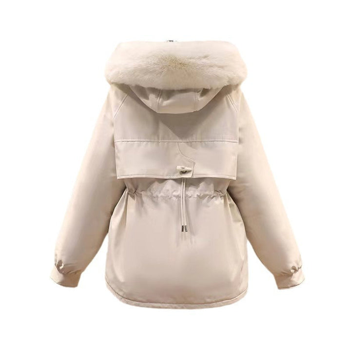 Ladies nano thermo parka with hood, voluminous faux fur collar, drawstring waist and multifunctional pockets