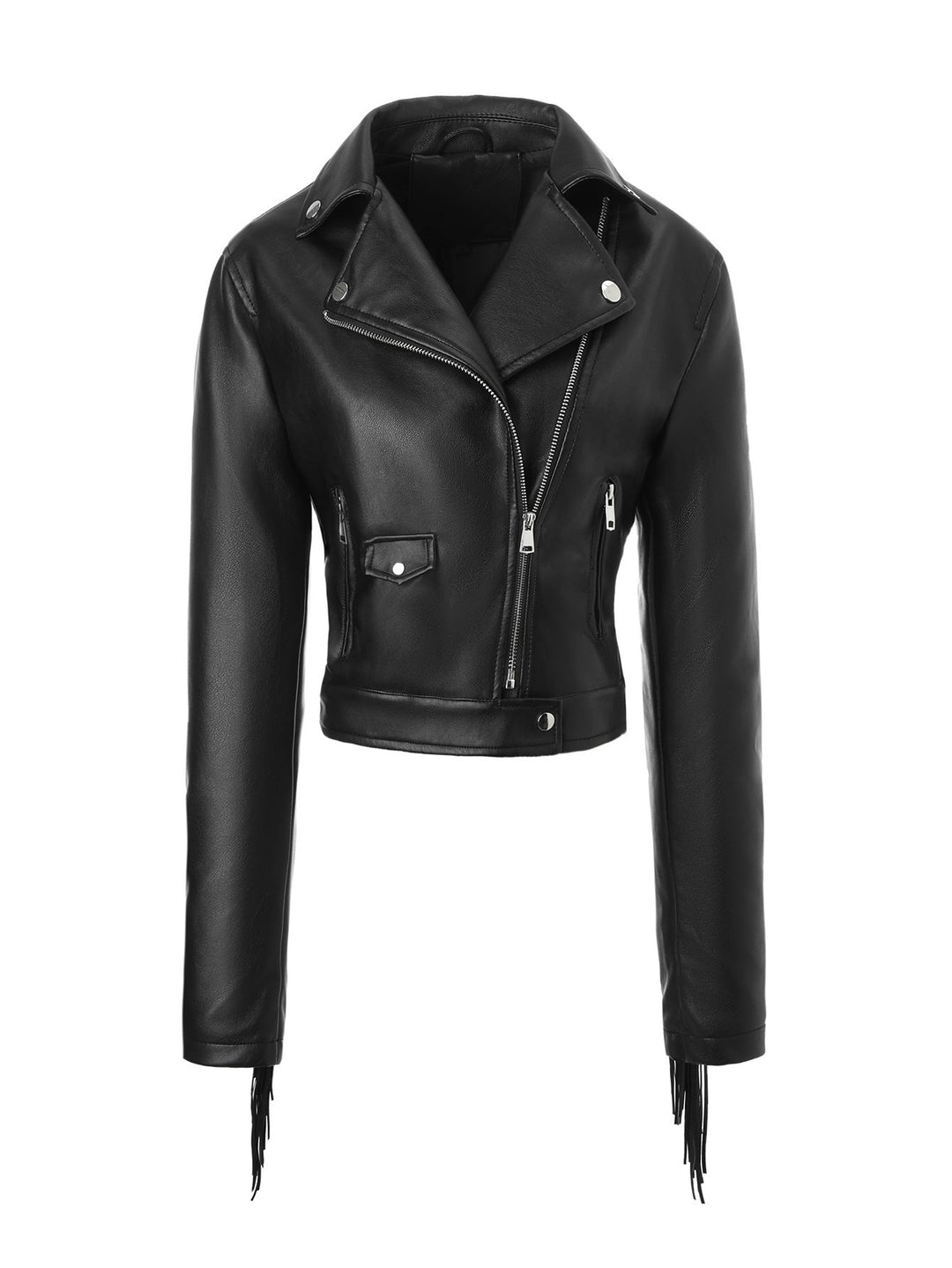 Women short cut fitted biker jacket made of artificial leather with fringes on the sleeves and asymmetric zip
