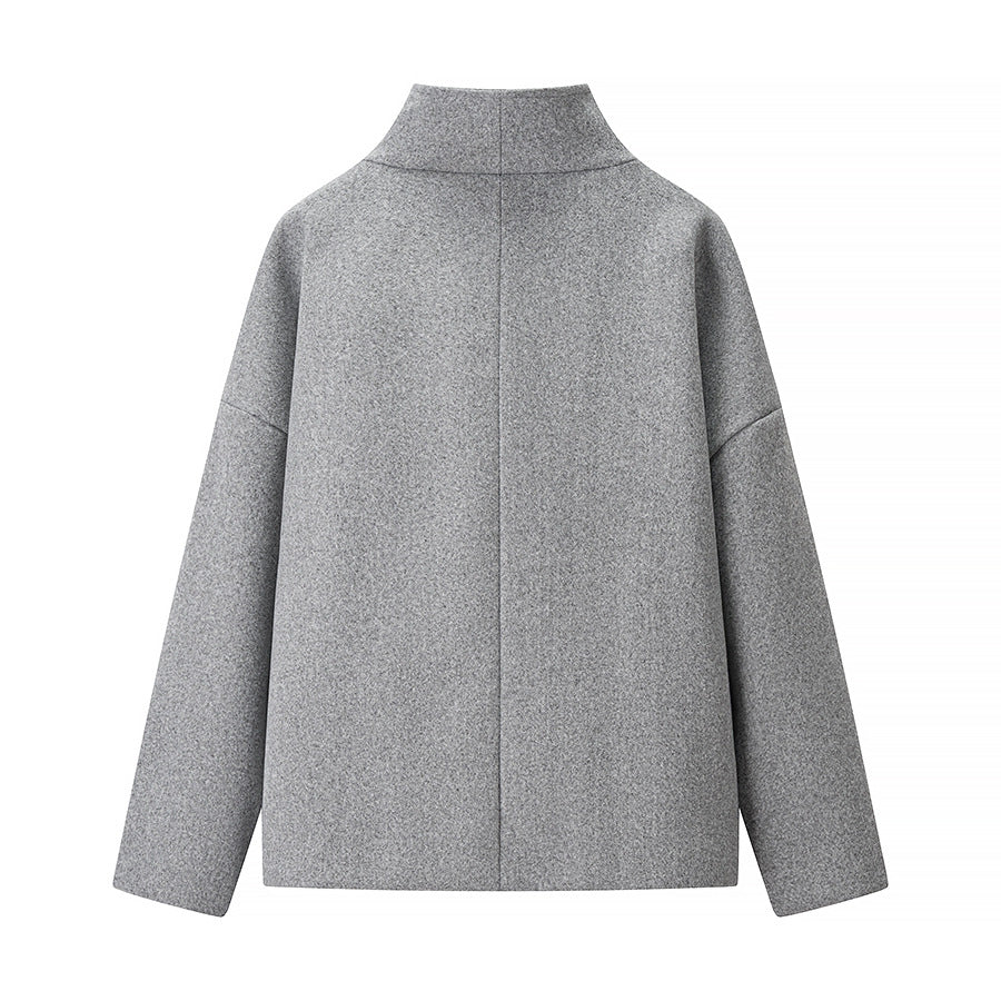 Ladies short double-breasted oversized boxy jacket with stand-up collar and side pockets