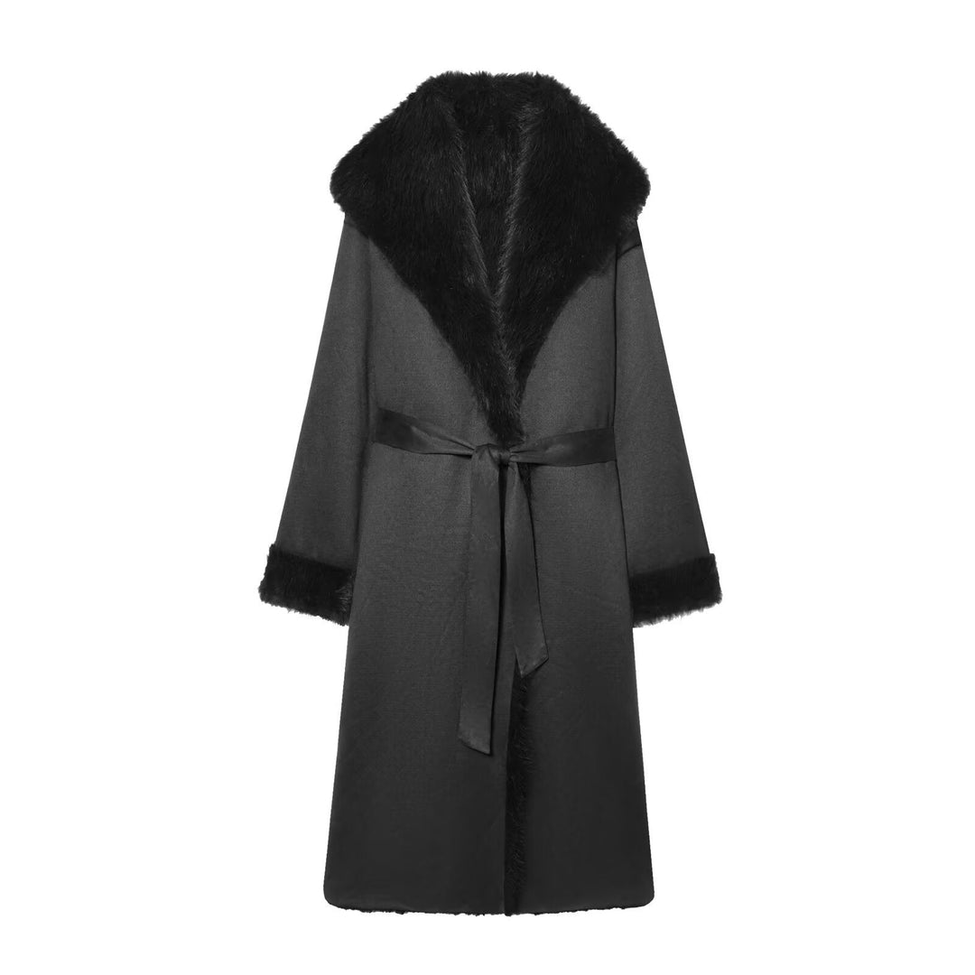 Women longer coat with faux fur trim and tie belt