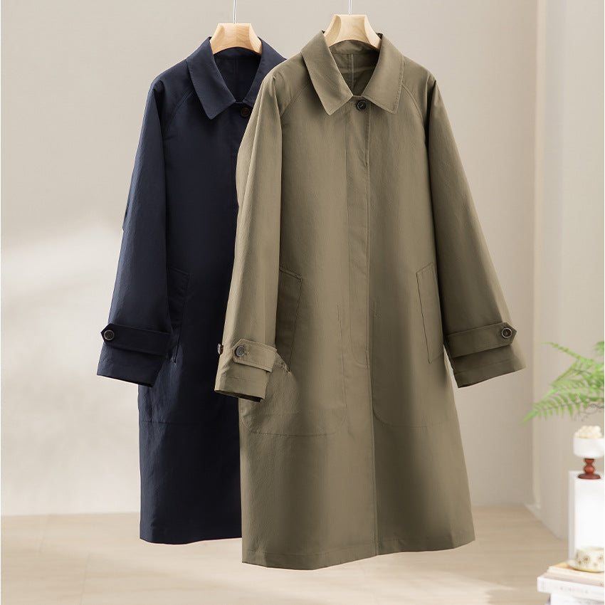 Women Mid-Length Trench Coat with concealed snap placket and adjustable cuffs
