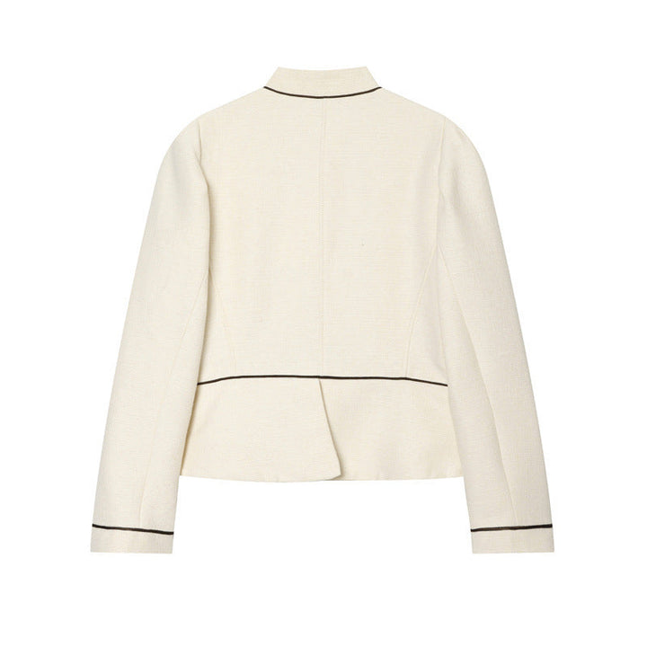 Women Bouclé-Tweed Short Jacket with Stand-Up Collar, Tailored Cut and Contrast Piping