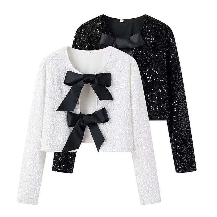 Ladies Short Sequin Jacket with Decorative Bows, Round Neckline and Long Sleeves