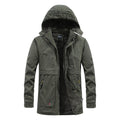 Men's utility hooded parka made of cotton canvas with warming teddy fleece lining and concealed front zip