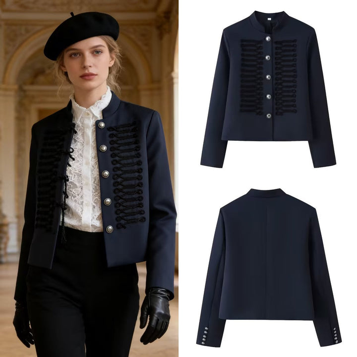 Women’s short military-style jacket with stand-up collar, decorative cord trimming, and decorative buttons