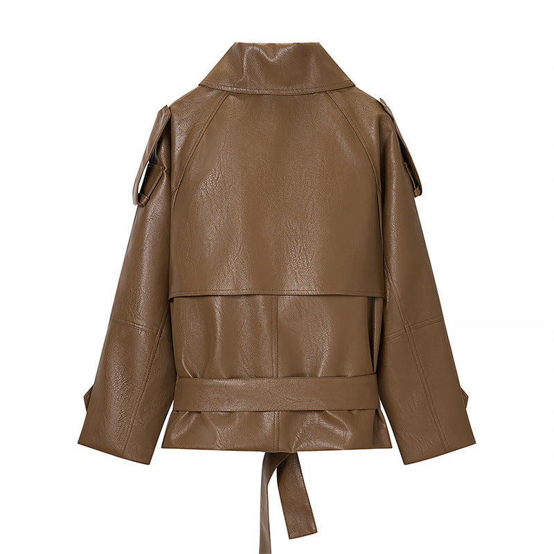 Women Cropped Faux Leather Trench Coat with Waist Belt, Double Breasted and Epaulettes