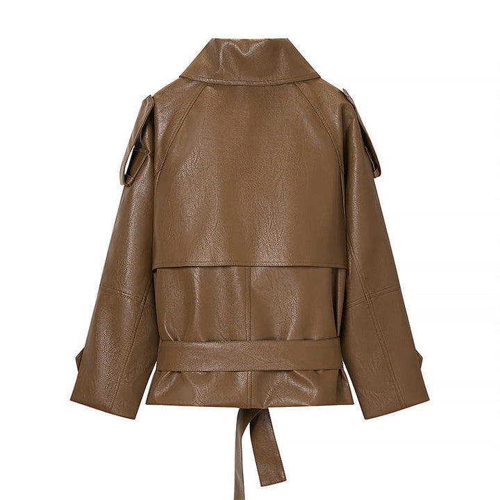Women Cropped Faux Leather Trench Coat with Waist Belt, Double Breasted and Epaulettes