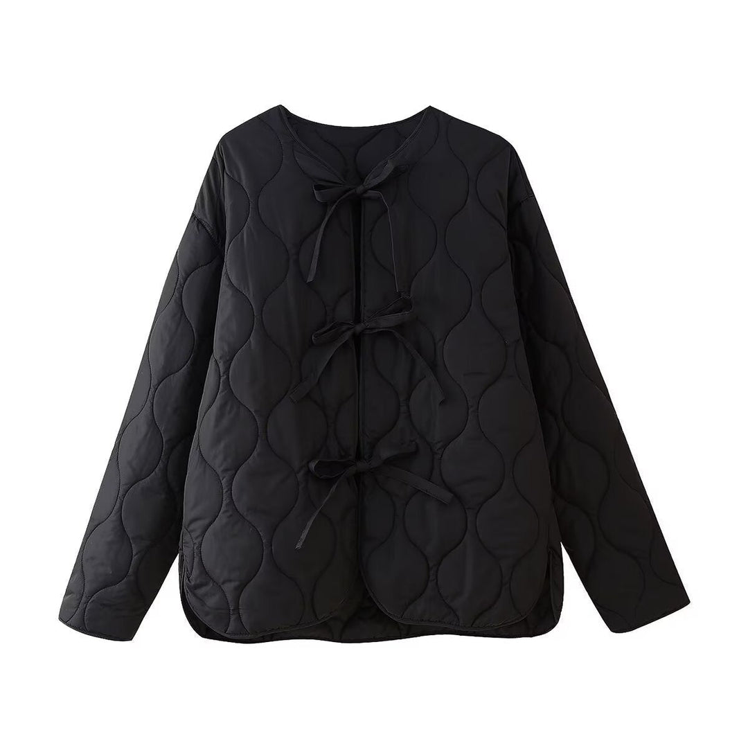 Women geometric quilted oversized liner jacket without collar