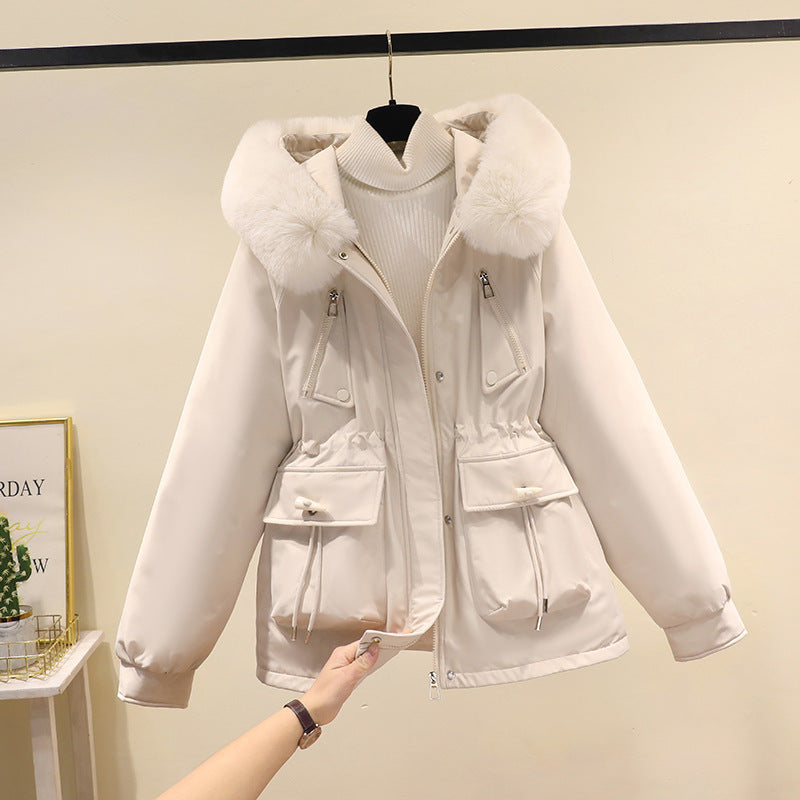 Ladies nano thermo parka with hood, voluminous faux fur collar, drawstring waist and multifunctional pockets