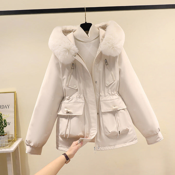 Ladies nano thermo parka with hood, voluminous faux fur collar, drawstring waist and multifunctional pockets