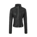 Women's Tailored Leather Jacket with Stand-Up Collar and Quilted Panels