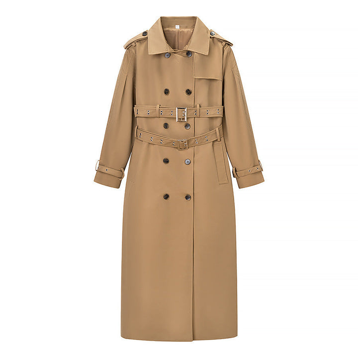 Women Longer tailored trench coat with double waist belt and epaulettes
