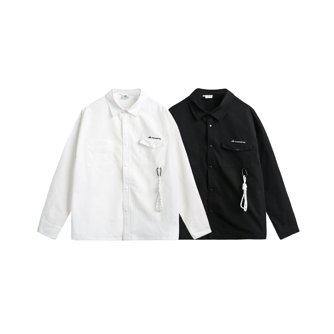 Unisex overshirt jacket in utility style with snap button placket and carabiner detail