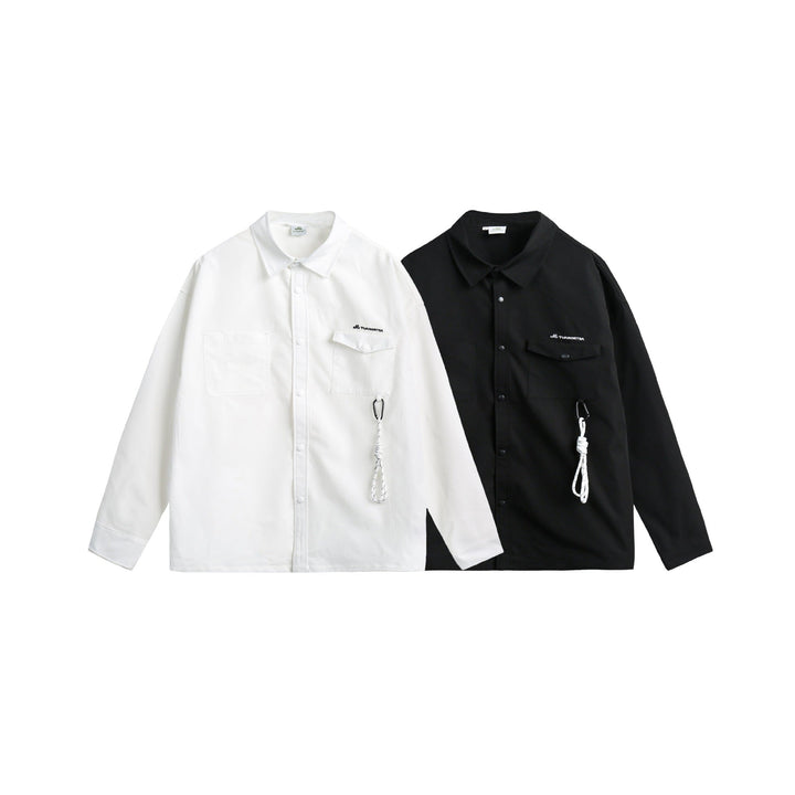 Unisex overshirt jacket in utility style with snap button placket and carabiner detail