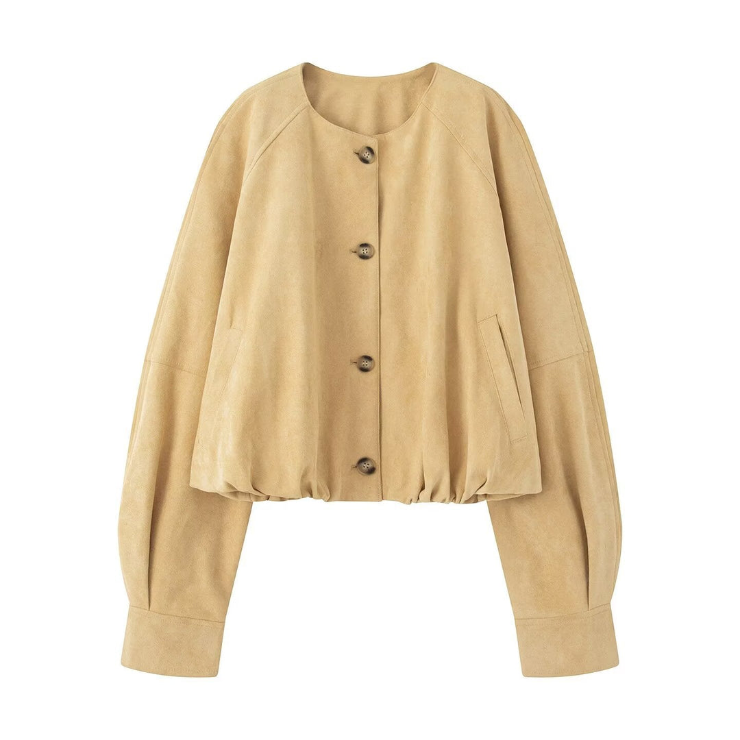 Women Short Blouson Jacket in Cropped Look with Round Neckline and Balloon Sleeves